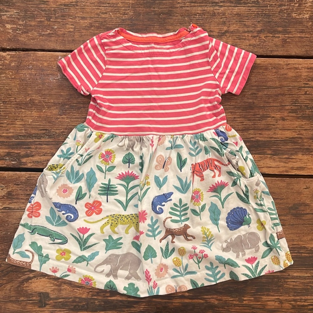 Mini Boden pink striped dress with animal print skirt